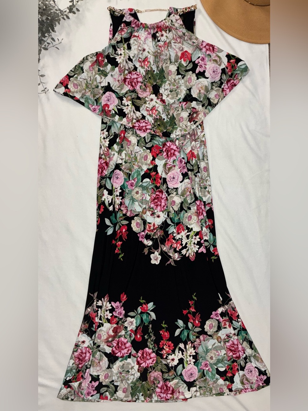 Thalia Sodi Black Floral Maxi Dress with Pink & Green Accents